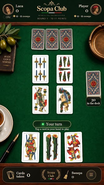 Scopa Club card game table with Italian playing cards