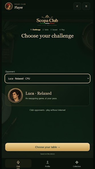 Scopa Club screen for choosing an opponent and table