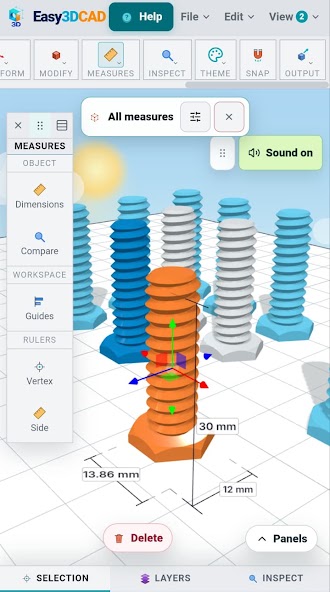 SimplerCAD 3D modeling screen with measurements and object controls