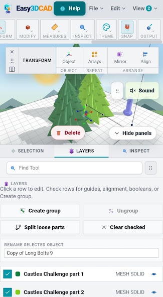 SimplerCAD 3D modeling screen with object layers and transform controls